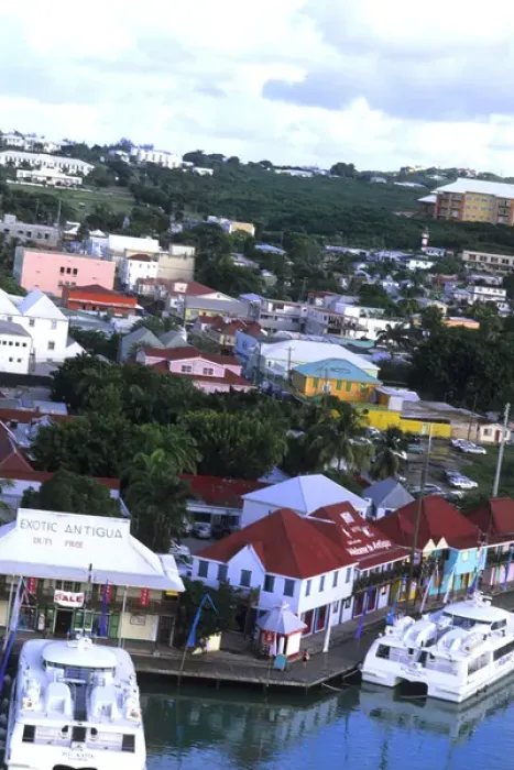 Framed Print : Aerial view of colorful downtown shopping area from cruise ships at beautiful port Framed Print : Aerial view of colorful downtown shopping area from cruise ships at beautiful port