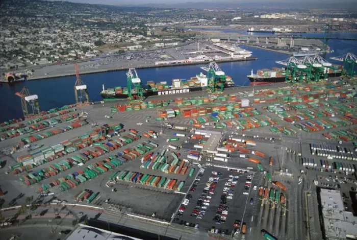 Framed Print : Aerial view of container yard with ships at Port of Long Beach, California Framed Print : Aerial view of container yard with ships at Port of Long Beach, California