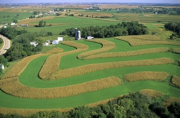 Aerial view of contour strip farming corn and alfalfa hay in Southwest Wisconsin