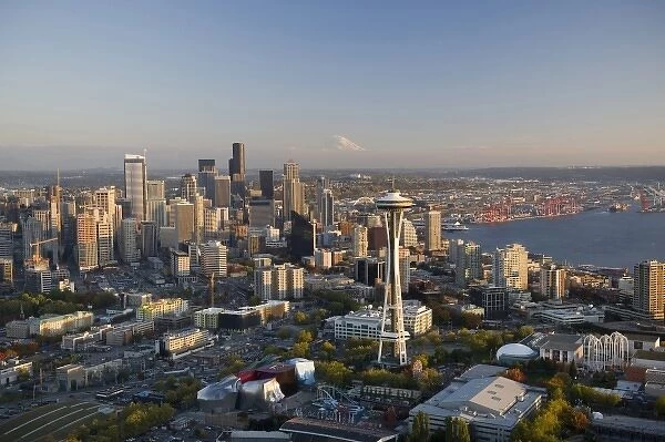 Aerial view of downtown Seattle, Elliott Bay and the Seattle Center, Seattle, Washington