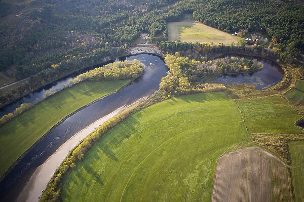 An aerial view of farms and the Connecticut River in Maidstone, Vermont and Stratford