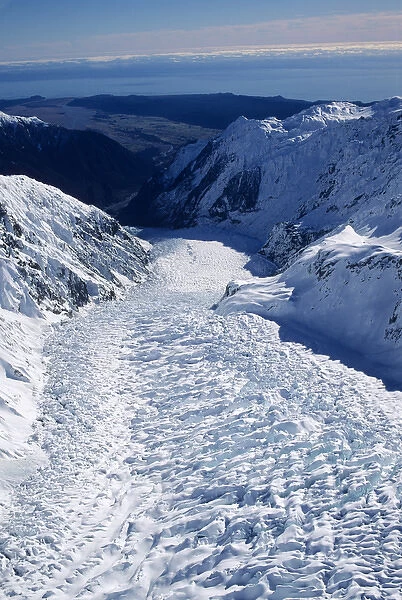 Aerial view of Fox Glacier, Westland National Park, South Island, New Zealand. Tasman