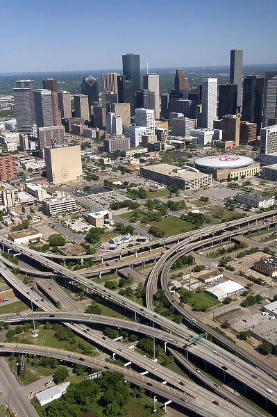 Aerial view of the freeway interchange of Interstate 45 and U. S. Highway 59 in the city of Houston