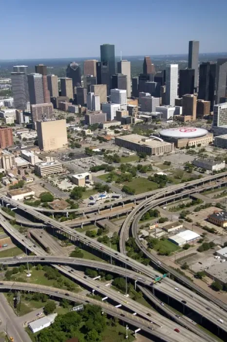 Framed Print : Aerial view of the freeway interchange of Interstate 45 and U. S. Highway 59 in the city of Houston