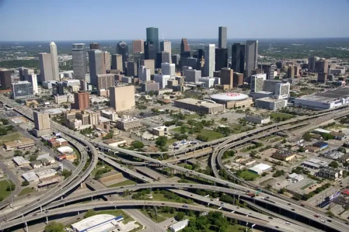 Framed Print : Aerial view of the freeway interchange of Interstate 45 and U. S. Highway 59 in the city of Houston Framed Print : Aerial view of the freeway interchange of Interstate 45 and U. S. Highway 59 in the city of Houston