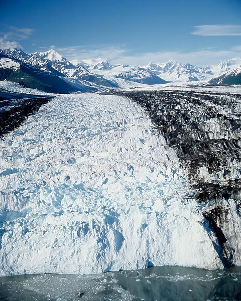 Aerial view of Harvard Glacier as if flows out of the Chugach Mountains in Chugach National Forest