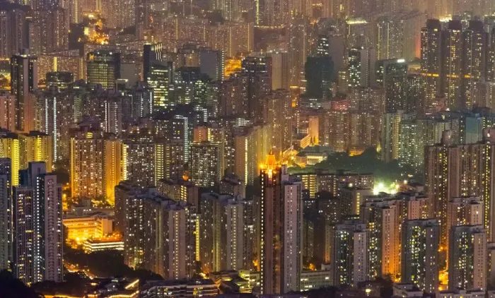 Framed Print : Aerial view of high-rise at dusk, Hong Kong, China