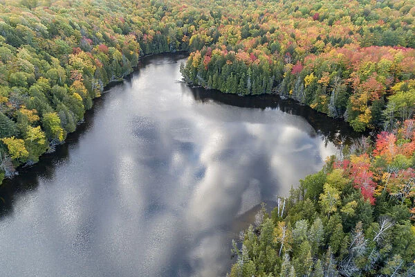 Aerial view of Hugoboom Lake in fall color, Alger County, Michigan