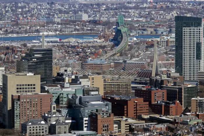 Framed Print : Aerial view including Leonard P Zakim Bunker Hill Memorial Bridge, a cable-stayed Framed Print : Aerial view including Leonard P Zakim Bunker Hill Memorial Bridge, a cable-stayed