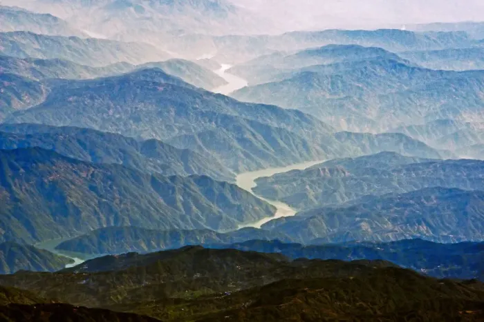 Framed Print : Aerial view of Irrawaddy River winding through the mountain, South Asia