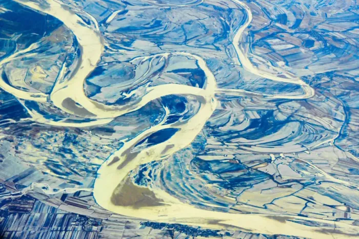 Framed Print : Aerial view of land and Songhua River covered by ice, northeast China Framed Print : Aerial view of land and Songhua River covered by ice, northeast China