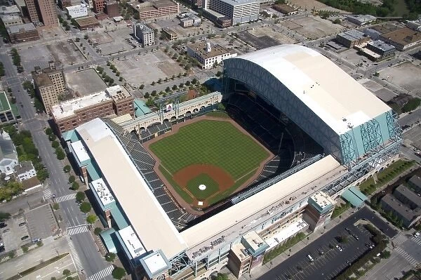 Aerial view of Minute Maid Park baseball stadium in Houston, Texas