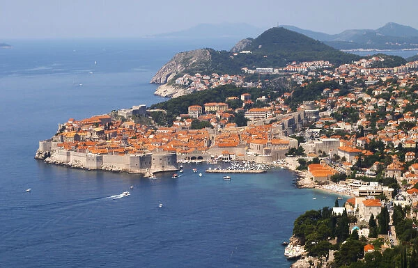 An aerial view over the Old Town and harbour Dubrovnik, old city. Dalmatian Coast