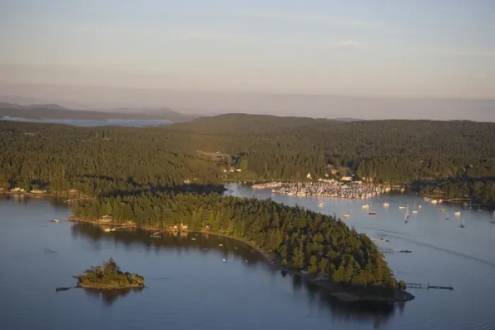 Framed Print : Aerial view of Roche Harbor on San Juan Island in the evening light, Washington State
