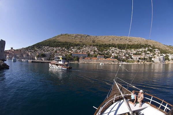 Aerial view from Sailboat mast of City Walls of Walled City of Dubrovnik, Southeastern