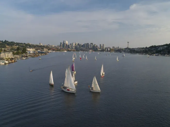 Framed Print : Aerial view of sailboats racing on Lake Union in the evening with the Seattle skyline in Framed Print : Aerial view of sailboats racing on Lake Union in the evening with the Seattle skyline in