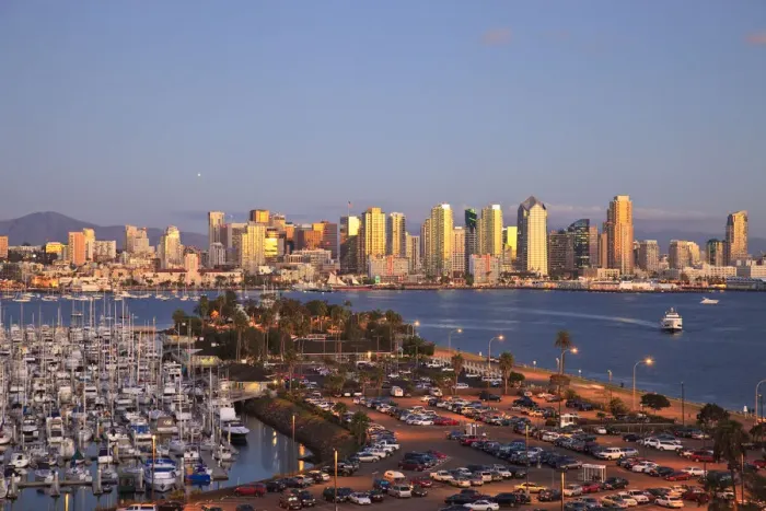 Framed Print : Aerial View of San Diego Skyline, Harbor Island Boats in the foreground, California Framed Print : Aerial View of San Diego Skyline, Harbor Island Boats in the foreground, California
