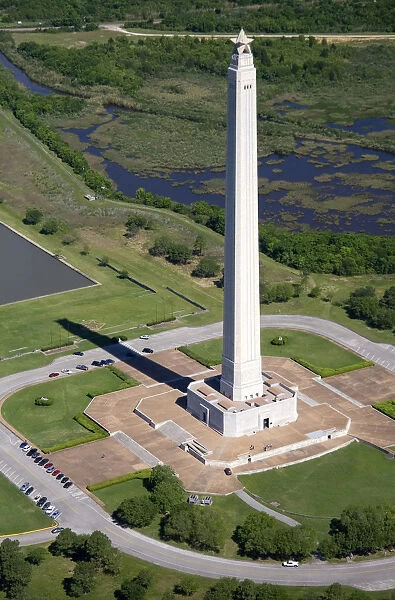Aerial view of the San Jacinto Monument along the Houston Ship Channel in Houston, Texas