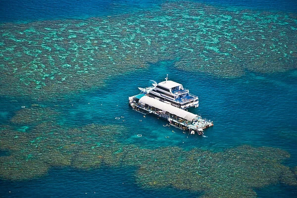 Aerial view of a tour boat docked at a pontoon at the Great Barrier Reef, Queensland