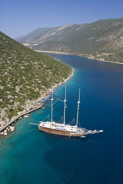 Aerial view of a Turkish yacht Gulet on blue cruise, Turkey, Kas, Antalya, Turkey