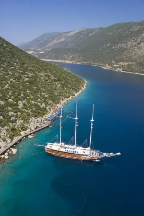 Framed Print : Aerial view of a Turkish yacht Gulet on blue cruise, Turkey, Kas, Antalya, Turkey Framed Print : Aerial view of a Turkish yacht Gulet on blue cruise, Turkey, Kas, Antalya, Turkey