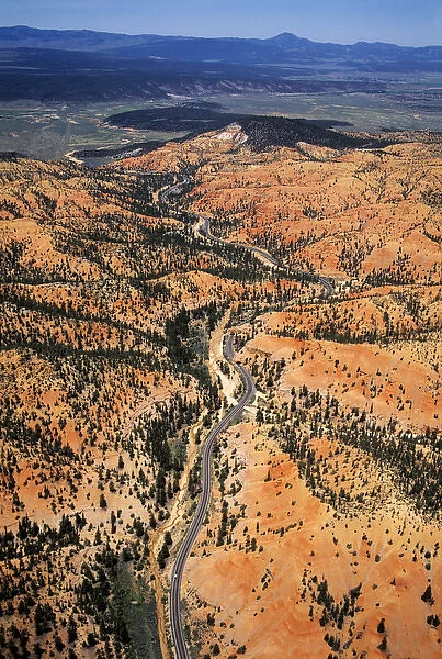 Aerial view of Utah Highway 12 snaking through Red Canyon between town of Panguitch