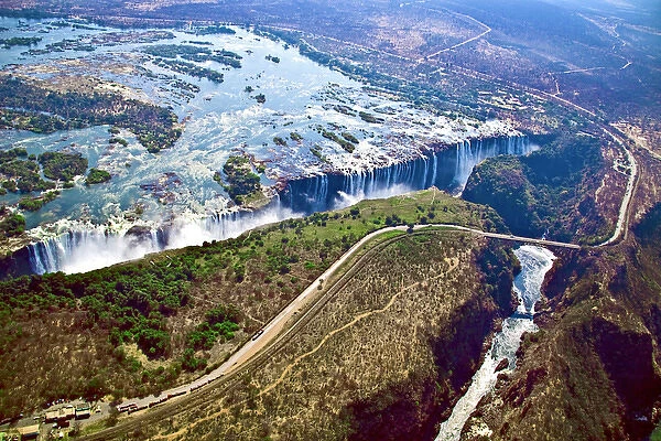 Aerial view of Victoria Falls, Waterfall, and the Zambesi River, Zimbabwe, Africa