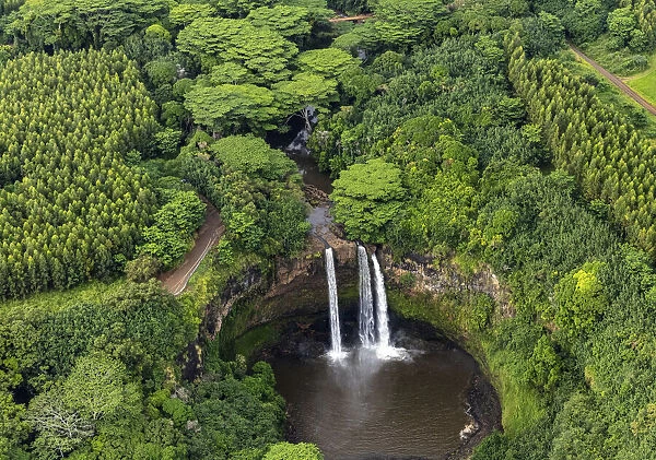 Aerial view of Wailua Falls in Kauai, Hawaii, USA