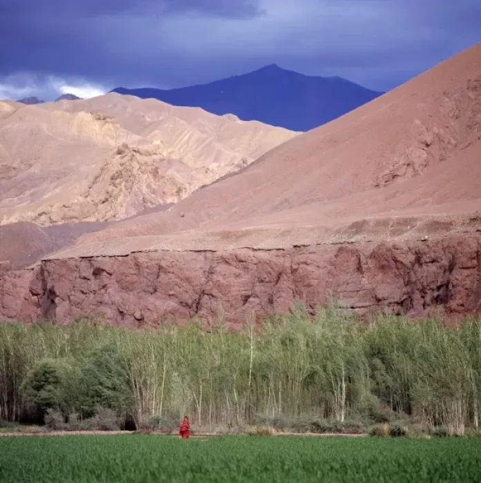 Framed Print : Afghanistan, Bamian Valley. A young girl waits in a field below pink cliffs in the Bamian Valley