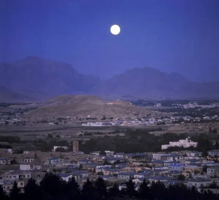 Framed Print : Afghanistan, Kabul. A full moon illuminates the sleeping city of Kabul, Afghanistans capital