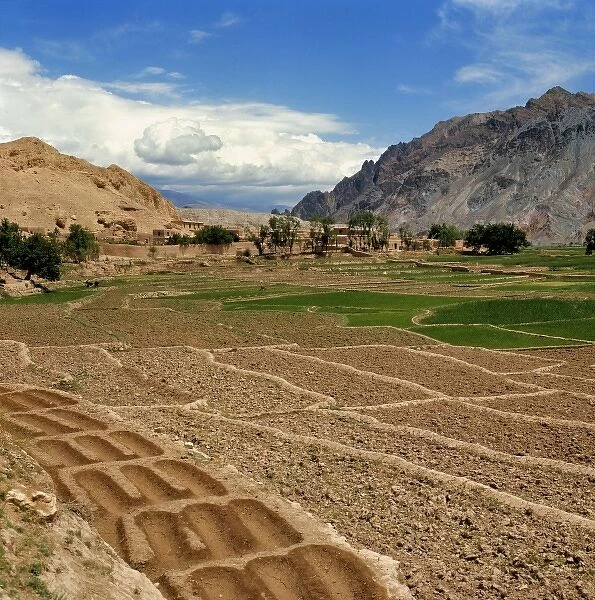 Afghanistan, Shibar Pass. Ancient irrigation techniques retain water for terraces