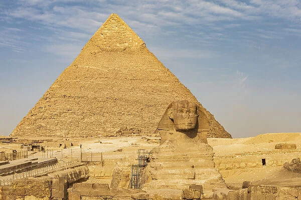 Africa, Egypt, Cairo. Giza plateau. Great Sphinx of Giza in front of the Pyramid of