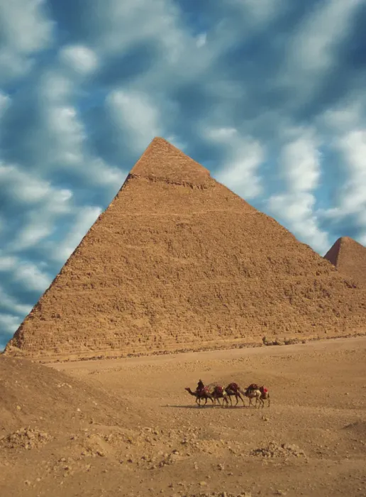Framed Print : Africa, Egypt, Cairo. Great Pyramids. Man and camels walk past Great Pyramids. Credit as Framed Print : Africa, Egypt, Cairo. Great Pyramids. Man and camels walk past Great Pyramids. Credit as