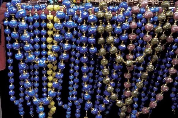 Africa, Egypt, Cairo. Khan al-Khalili bazaar, colorful beads for sale at popular market