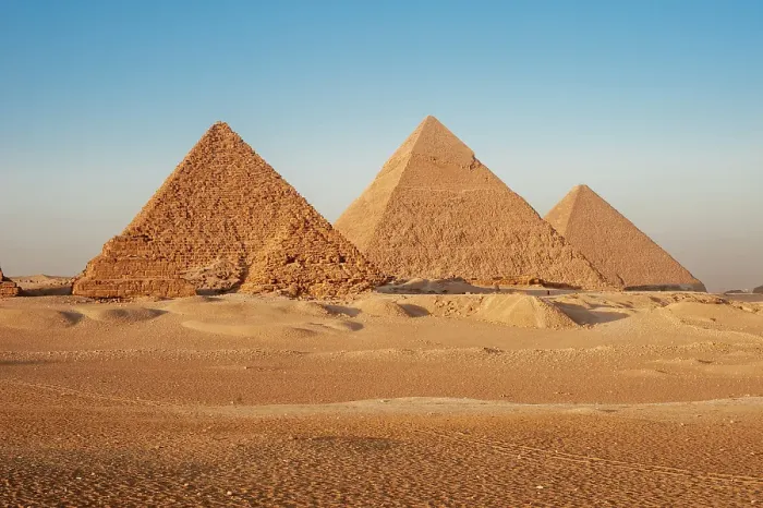 Framed Print : Africa, Egypt, Giza. Classic view of the three Pyramids of Giza Framed Print : Africa, Egypt, Giza. Classic view of the three Pyramids of Giza