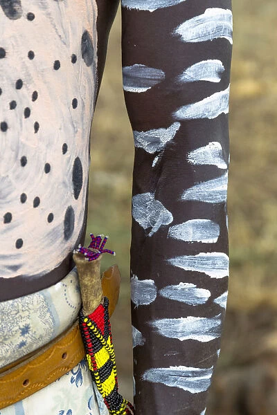 Africa, Ethiopia, Southern Omo, Karo Tribe. Detail of the body decoration on a Karo man