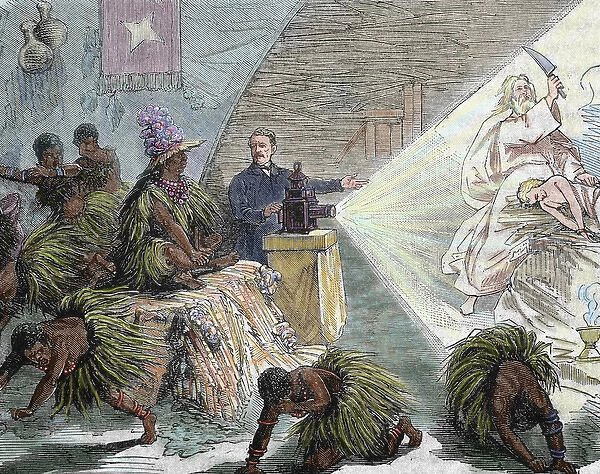 Africa. European settler instructing the natives by a projection with the unit called