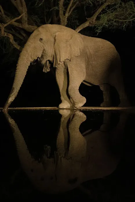 Framed Print : Africa, Kenya, Amboseli National Park. Elephant drinking at waterhole at night