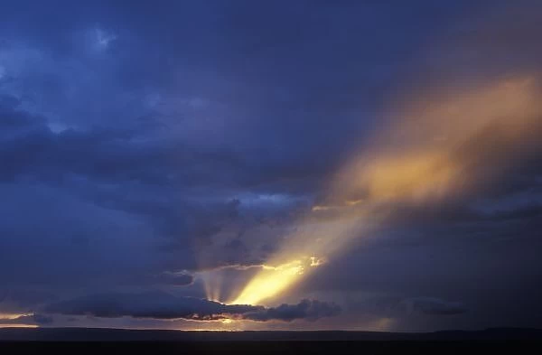 Africa, Kenya, Masai Mara Game Reserve, Setting sun sends shaft of light through