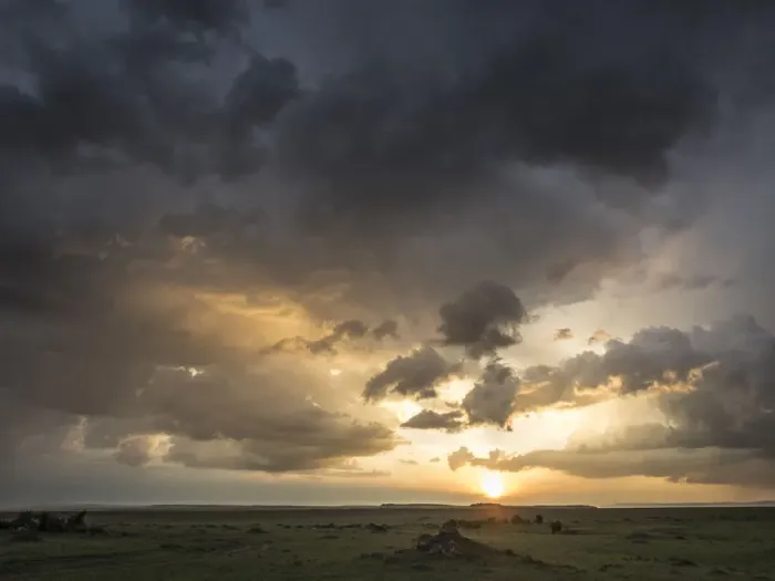 Framed Print : Africa, Kenya, Msai Mara National Reserve. Storm clouds over savannah at sunset