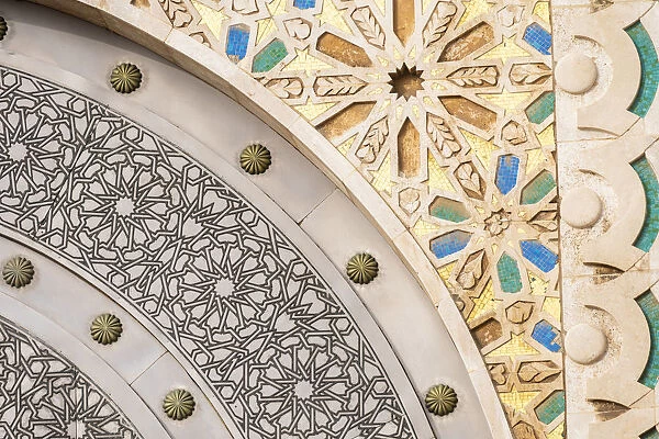Africa, Morocco, Casablanca. Close-up of designs on mosque exterior