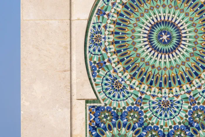 Framed Print : Africa, Morocco, Casablanca. Close-up of tile designs on mosque exterior. Credit as