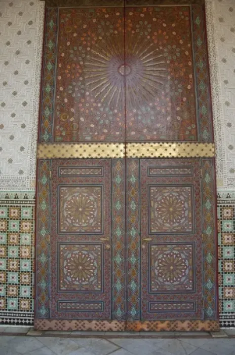 Framed Print : Africa, Morocco, Casablanca. Royal Palace, ornate wooden harem doors surrounded by Framed Print : Africa, Morocco, Casablanca. Royal Palace, ornate wooden harem doors surrounded by