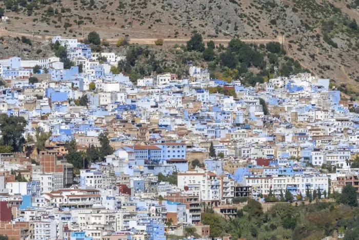 Framed Print : Africa, Morocco, Chefchaouen. Overview of town Framed Print : Africa, Morocco, Chefchaouen. Overview of town