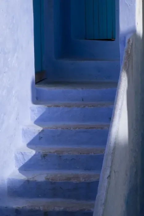 Framed Print : Africa, Morocco, Chefchaouen. Steps leading up into a home