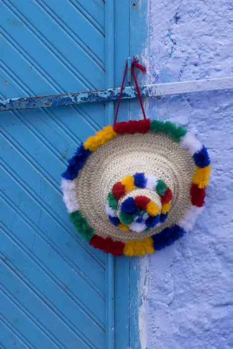 Framed Print : Africa, Morocco, Chefchaouen. A traditional womans hat in the Rif mountain area