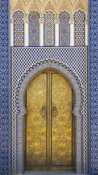 Africa, Morocco, Fes. Detail of the Kings Palace ornate doors