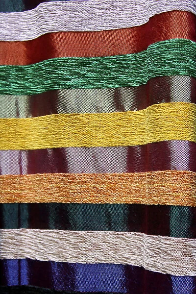 Africa, Morocco, Fes. Woven Moroccan silk textiles and scarves
