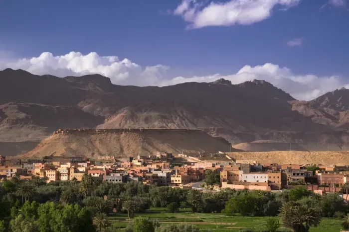 Framed Print : Africa, Morocco. The oasis city of Tinerhir sits beneath foothills of the Atlas mountains