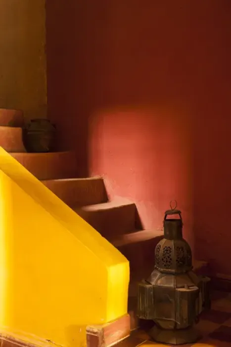 Framed Print : Africa, Morocco. An old lantern and jug on steps of a restored Kasbah with a texture